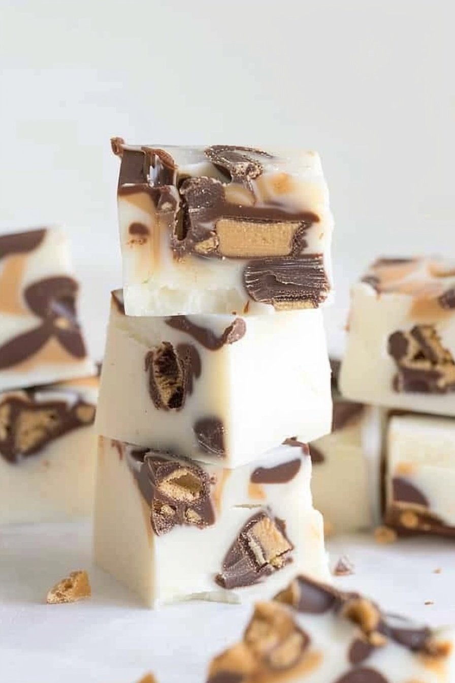 White Chocolate Reeses Peanut Butter Cup Fudge Bites