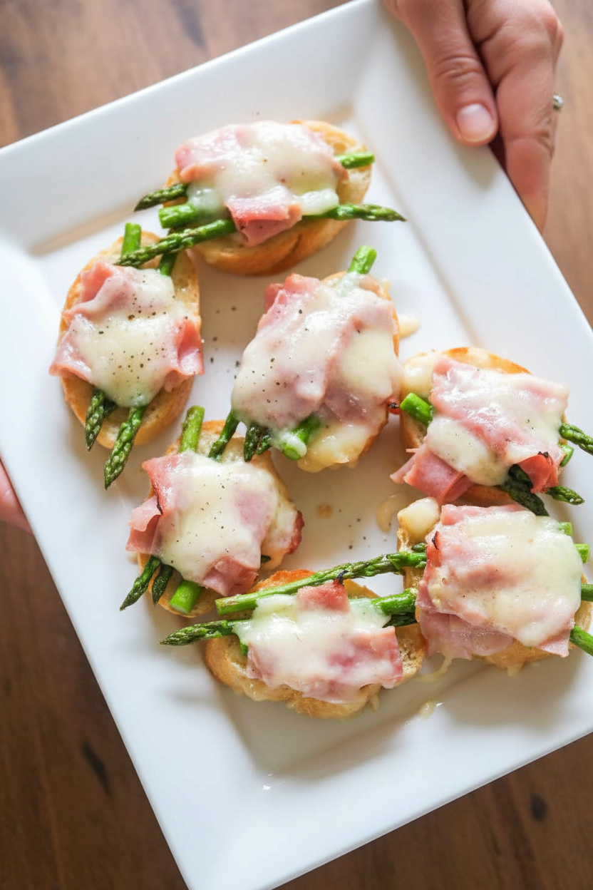 Asparagus Brie and Ham Crostini