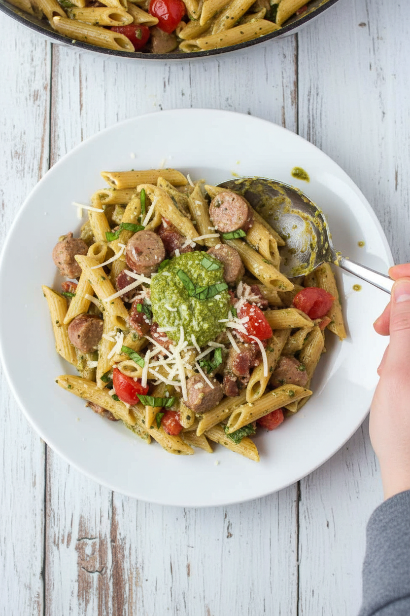 Bacon Sausage Pesto Penne Pasta