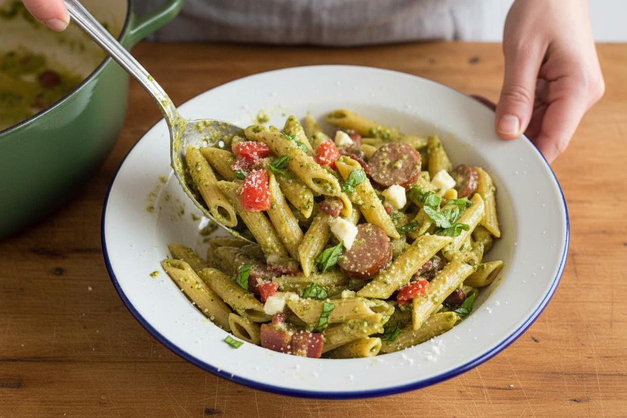 Bacon Sausage Pesto Penne Pasta