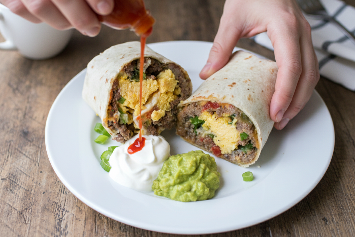 Beef Sausage Egg and Cheese Breakfast Burritos