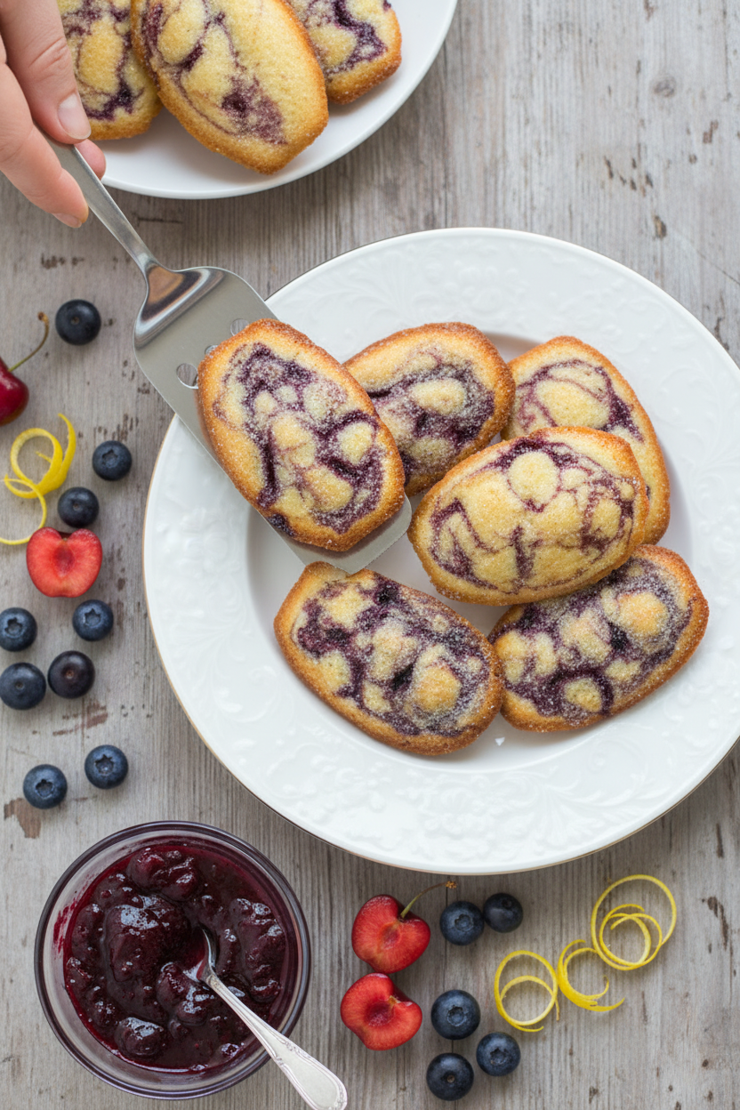 Blueberry Cherry Fruit Swirled Lemon Madeleines | Summer Dessert
