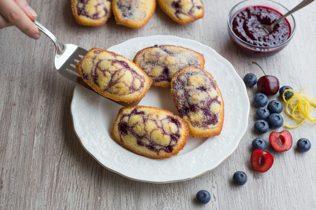 Blueberry Cherry Fruit Swirled Lemon Madeleines | Summer Dessert