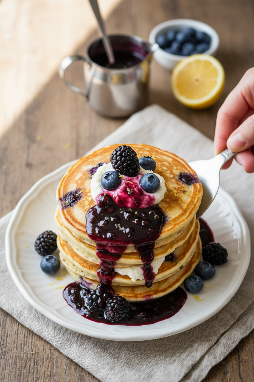 Blueberry Lemon Ricotta Pancakes & Blackberry Vanilla Syrup