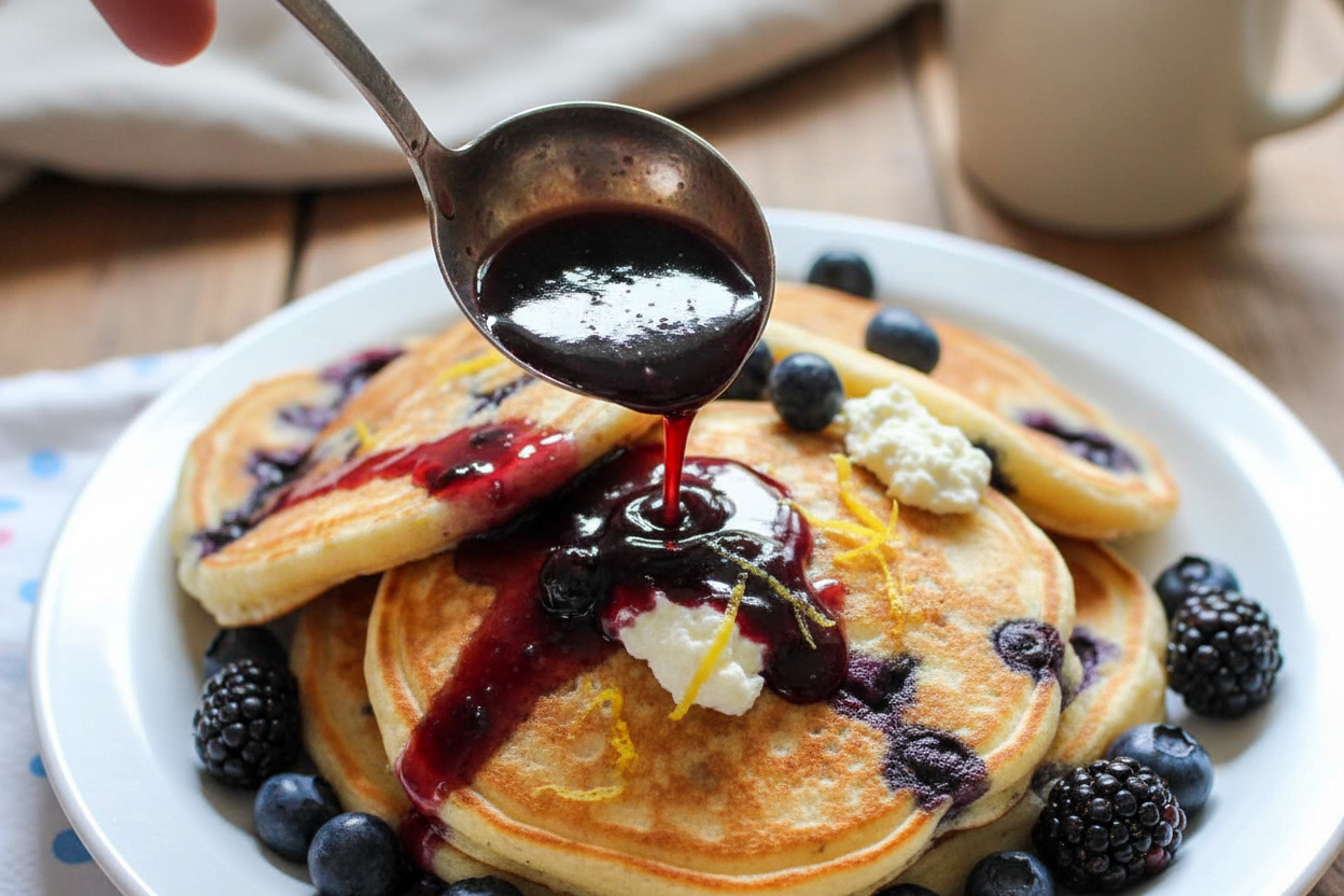 Blueberry Lemon Ricotta Pancakes & Blackberry Vanilla Syrup: Blueberry Lemon Ricotta Pancakes with Blackberry Syrup