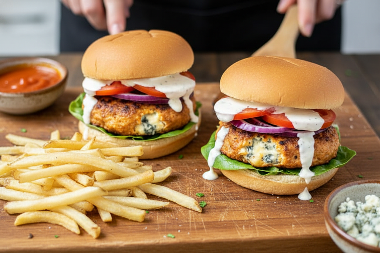 Buffalo & Blue Cheese Stuffed Chicken Burgers - The Schmidty Wife
