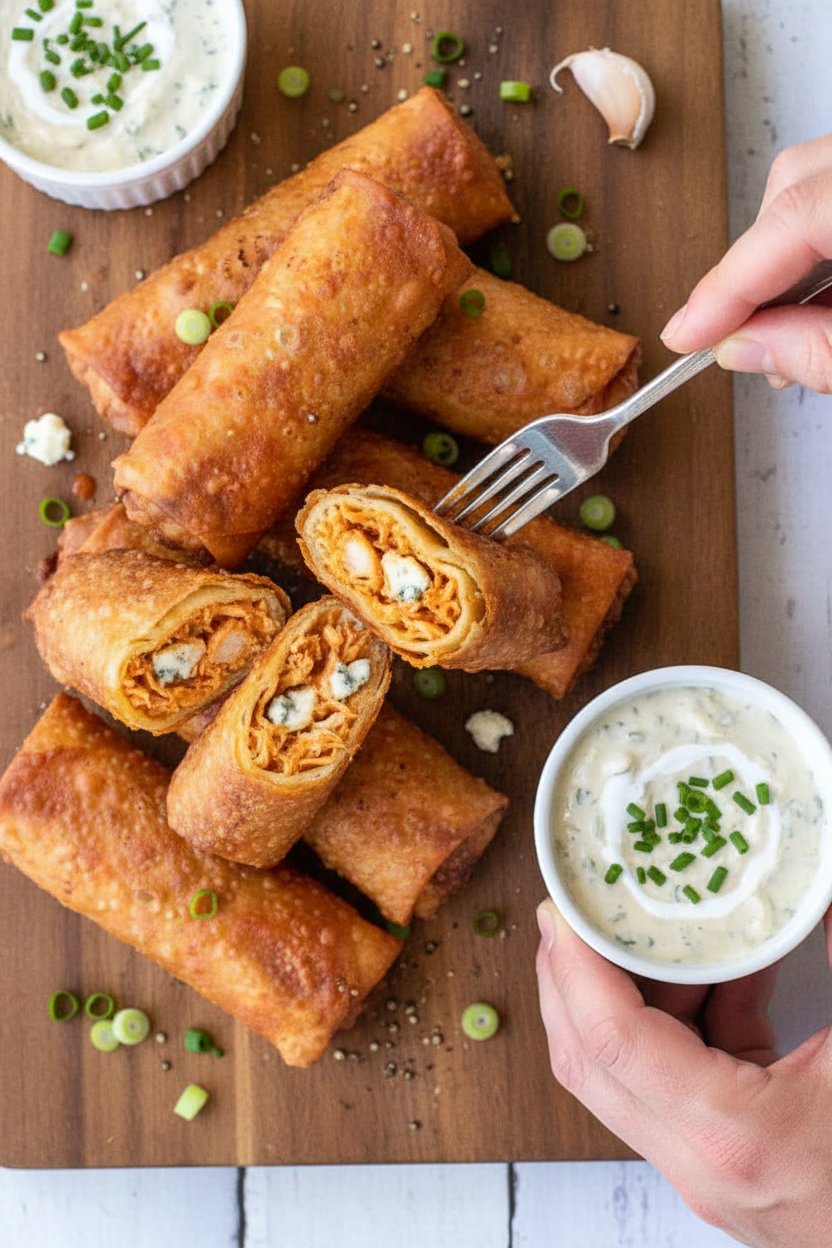 Buffalo Chicken Egg Rolls Creamy & Blue Cheese Dipping Sauce