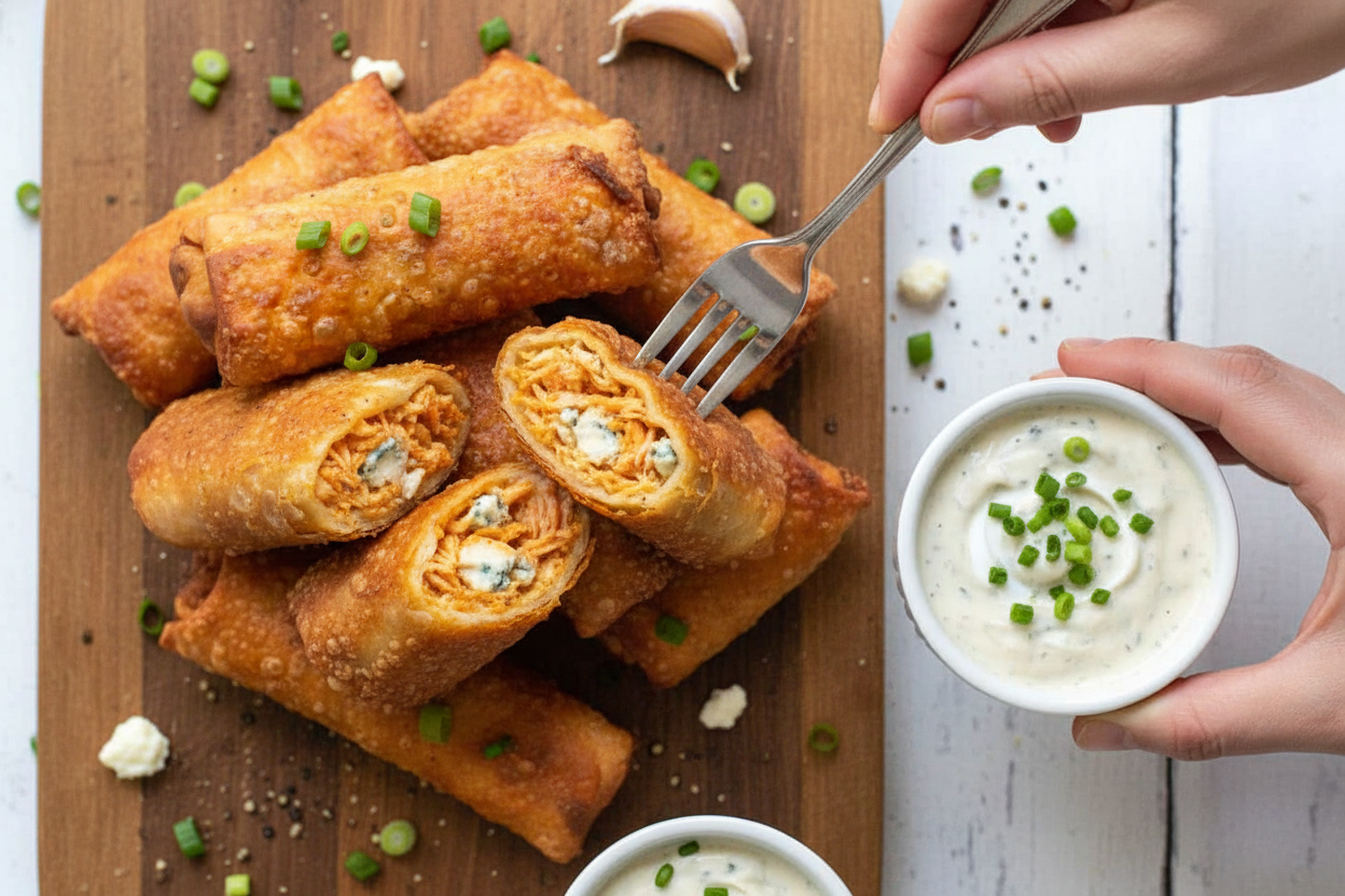 Buffalo Chicken Egg Rolls with Blue Cheese Dip