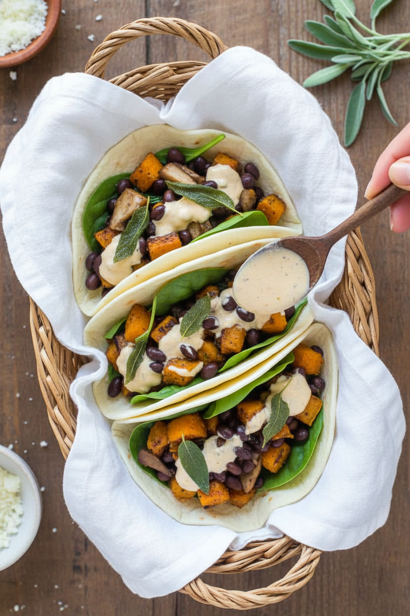 Butternut Squash Portobello Tacos in Garlic Sage Cream Sauce