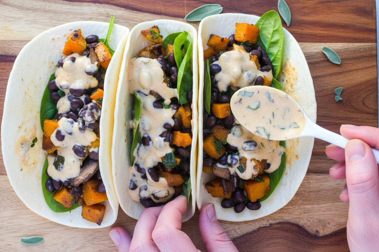 Butternut Squash Portobello Tacos in Garlic Sage Cream Sauce
