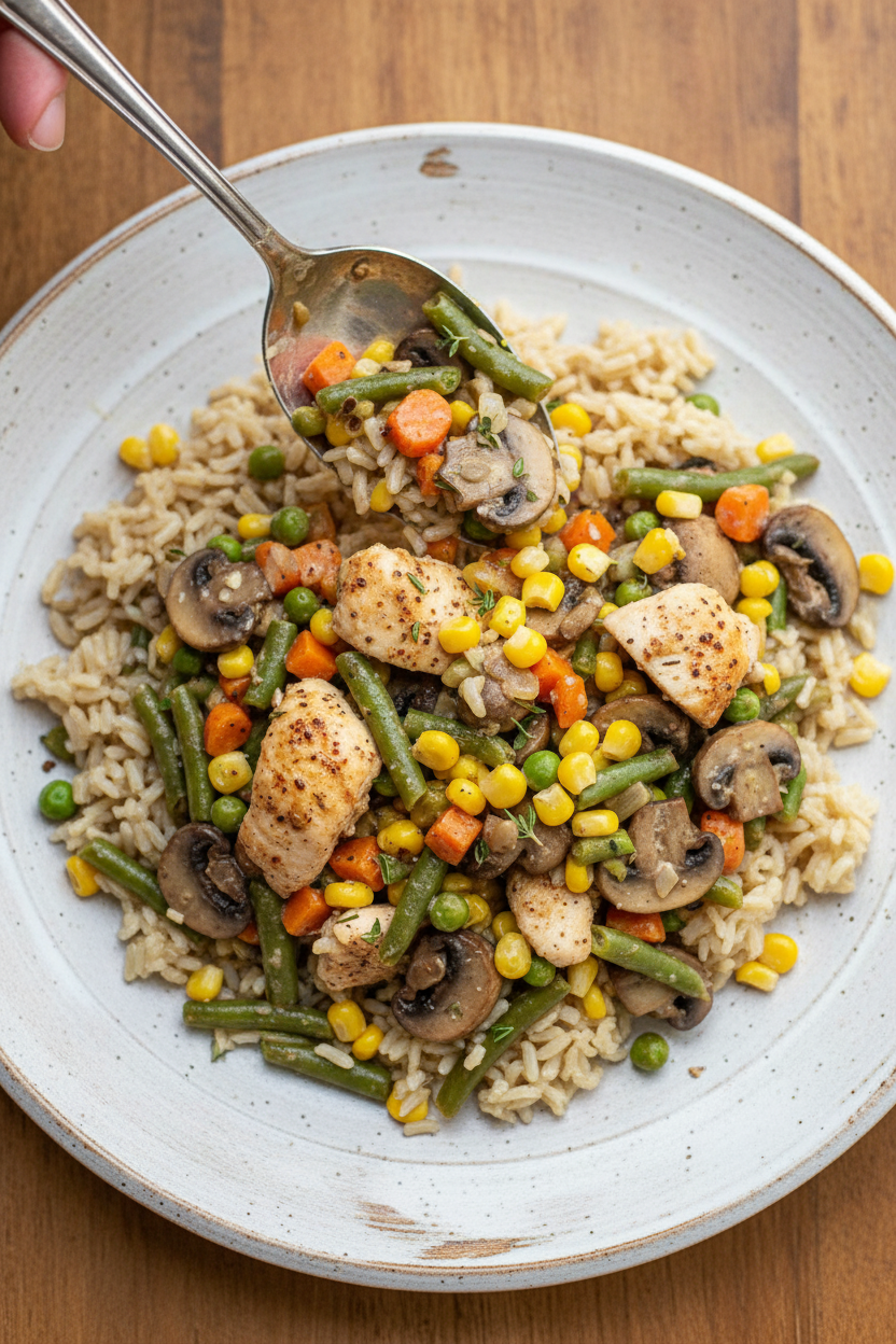 Chicken and Brown Rice with Veggies and Mushrooms