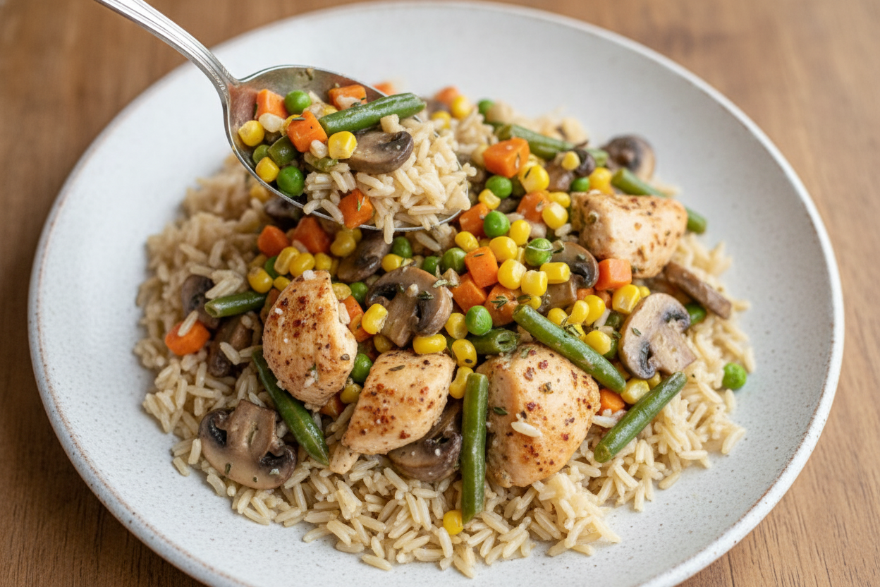 Chicken Brown Rice Veggies and Mushrooms