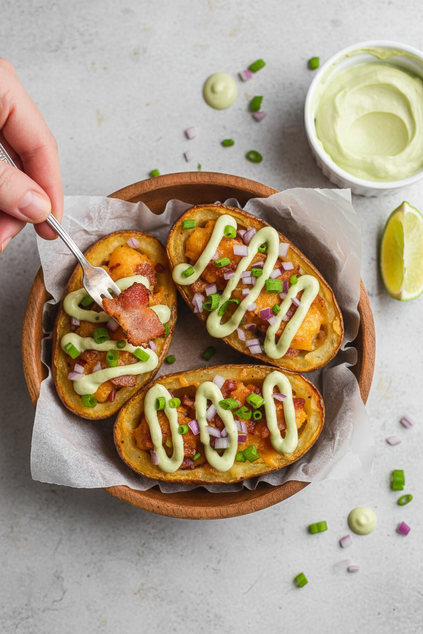 Creamy Avocado Bacon Poutine Potato Skins
