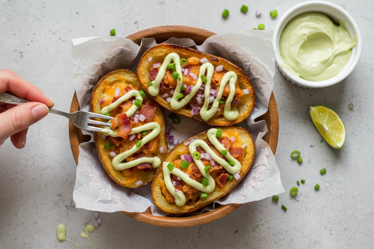 Creamy Avocado Bacon Poutine Potato Skins: Creamy Avocado Bacon Poutine Potato Skins