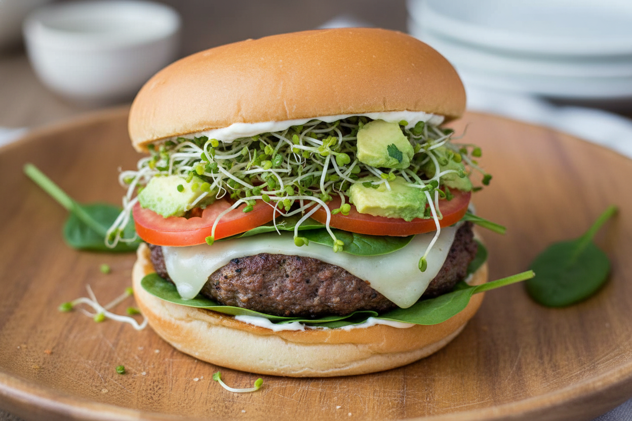 Creamy Avocado Sprouts California Cheeseburgers with Shallot Mayo