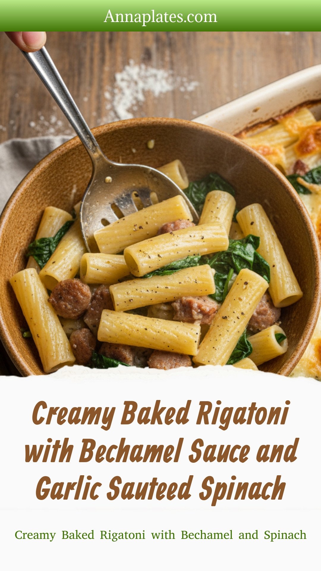 Creamy Baked Rigatoni with Bechamel Sauce and Garlic Sauteed Spinach