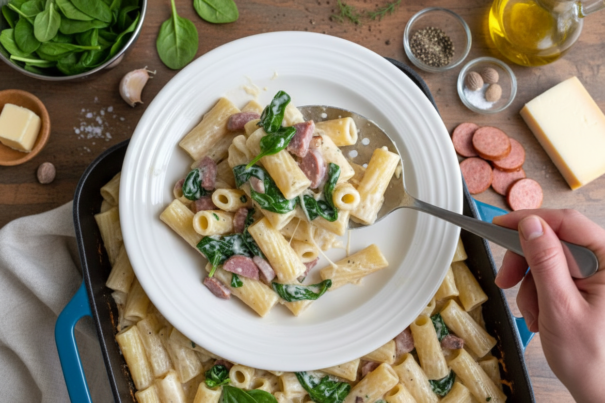 Creamy Baked Rigatoni with Bechamel Sauce and Garlic Sauteed Spinach