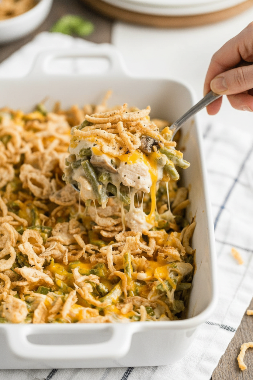 CREAMY CHEESY CHICKEN AND GREEN BEAN CASSEROLE