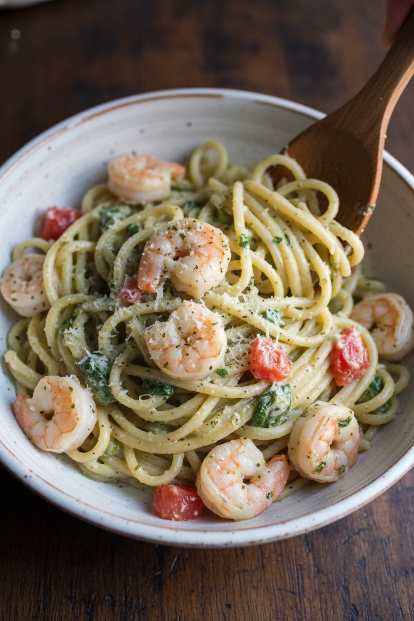 Creamy Pesto Linguine with Shrimp