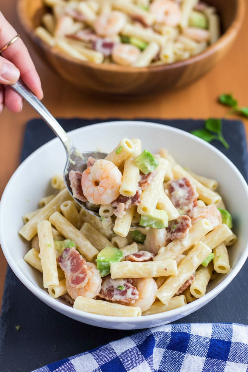 Creamy Shrimp Avocado Bacon Ziti Pasta