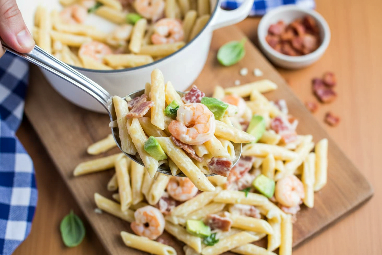 Creamy Shrimp Avocado Bacon Ziti Pasta