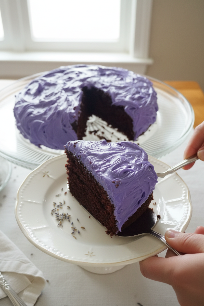 Dark Chocolate Lavender Cake with Lavender Buttercream Frosting