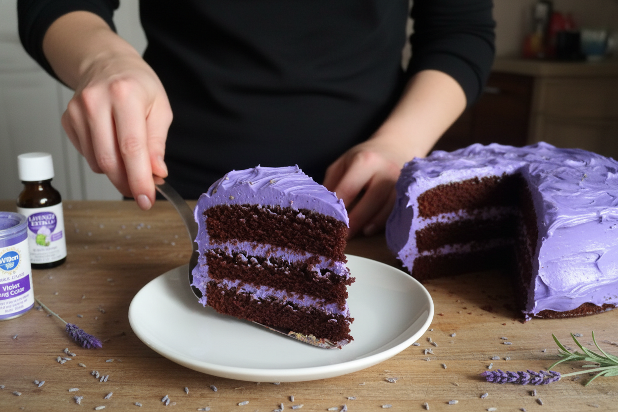 Dark Chocolate Lavender Cake with Lavender Buttercream Frosting