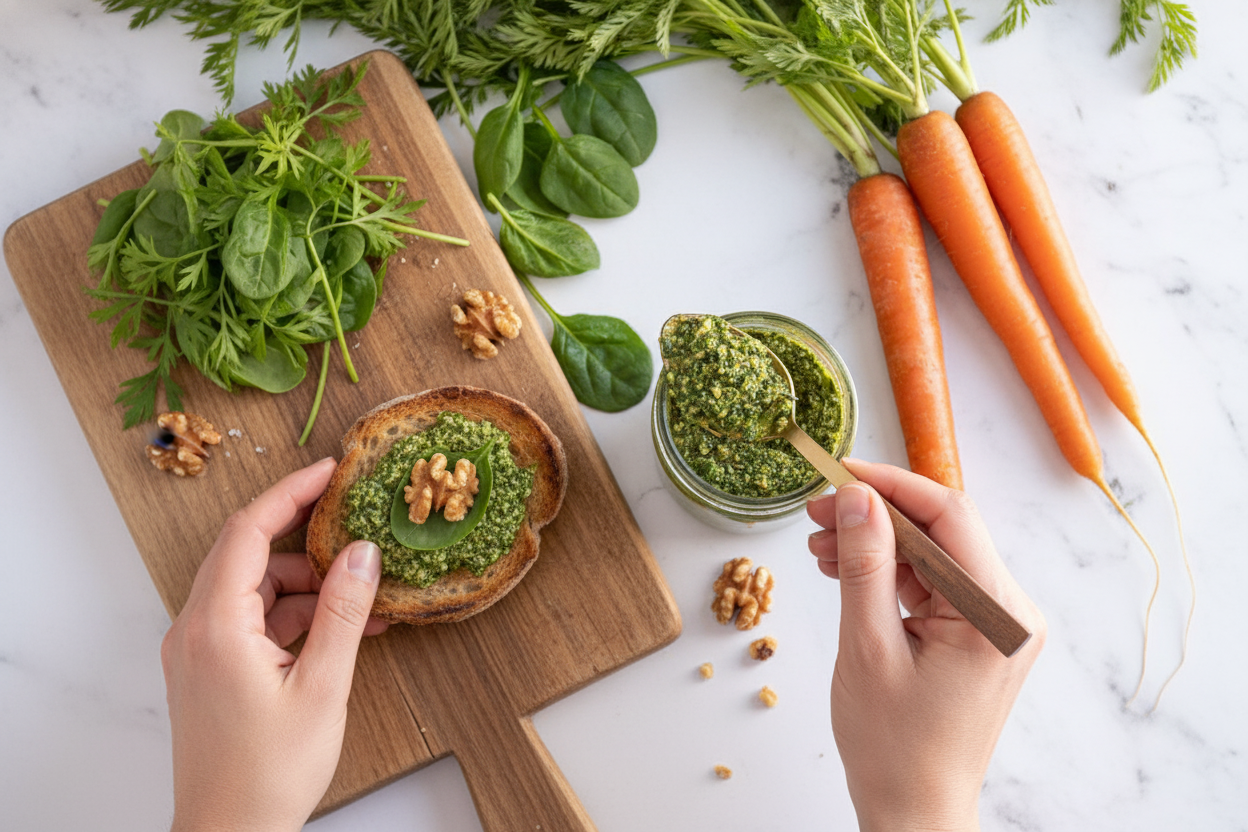 Easy Carrot Top Pesto Recipe - The Schmidty Wife