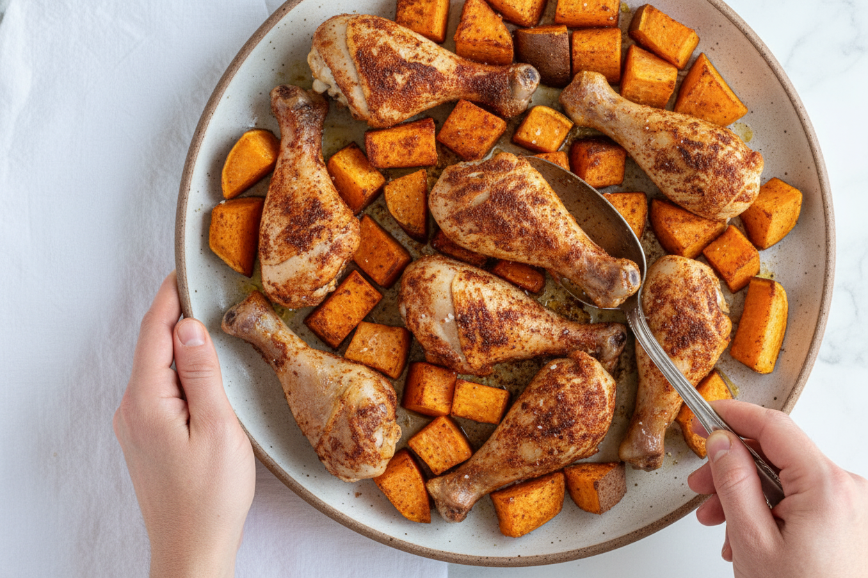 Easy Sheet Pan Chicken Legs and Sweet Potatoes - The Schmidty Wife