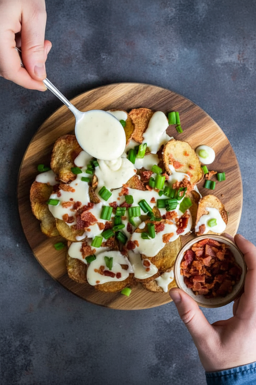 Baked Potato Chips with Gorgonzola Cheese Sauce