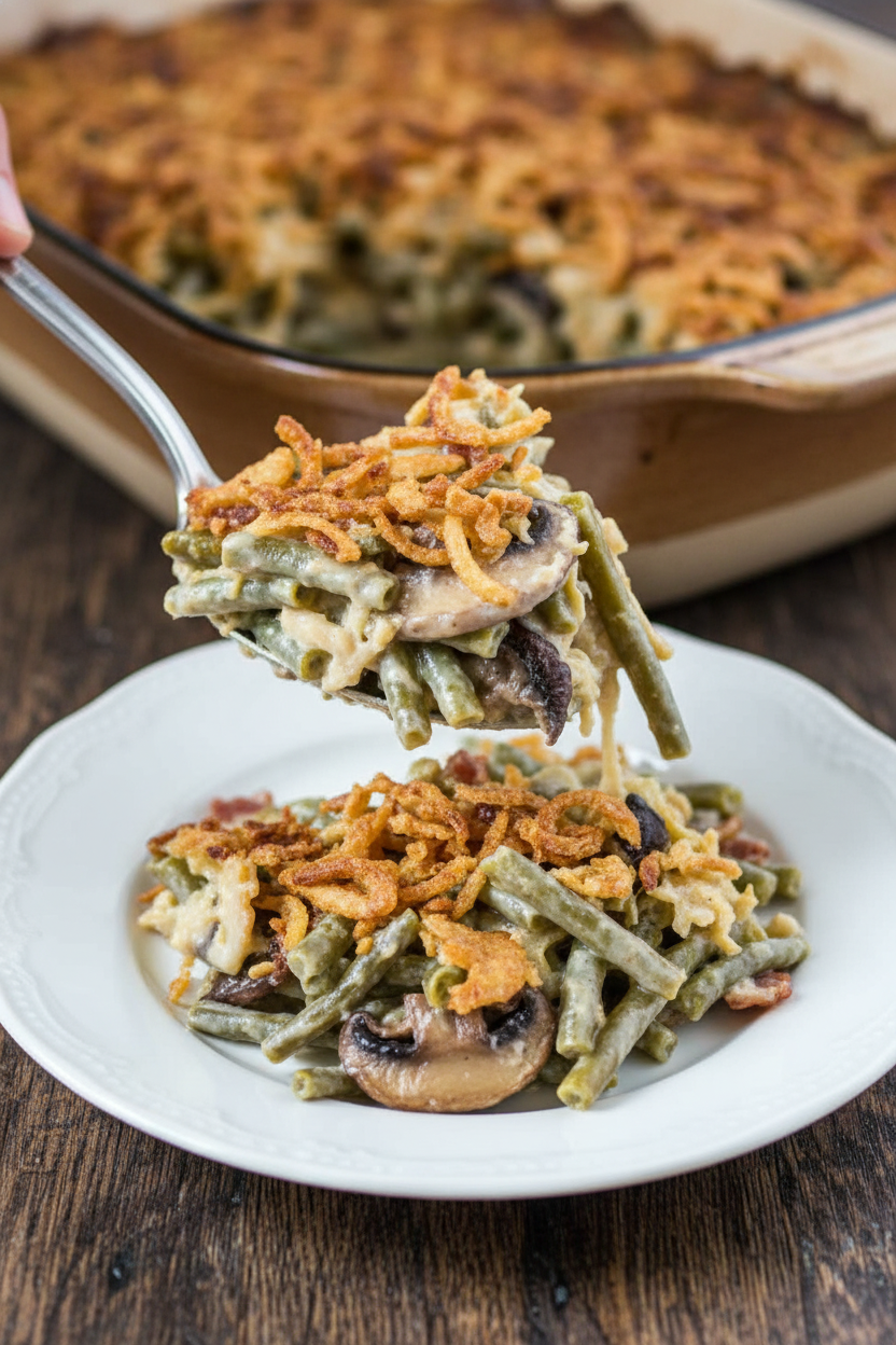 Gouda, Bacon and Portabella Mushroom Green Bean Casserole