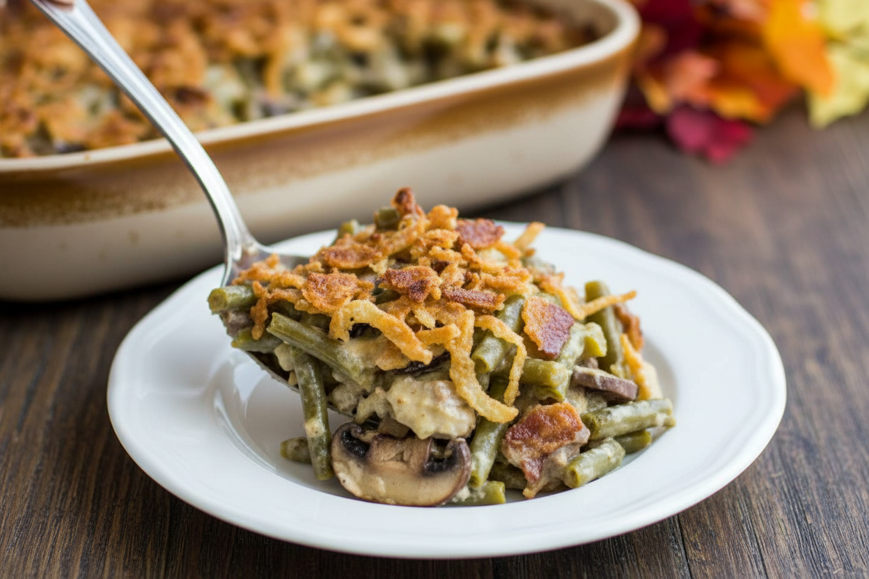 Gouda, Bacon and Portabella Mushroom Green Bean Casserole: Gouda Bacon Portabella Mushroom Green Bean Casserole