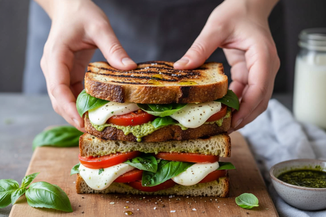 Grilled Caprese Sandwich with Mozzarella and Basil: Grilled Caprese Sandwich with Mozzarella Basil