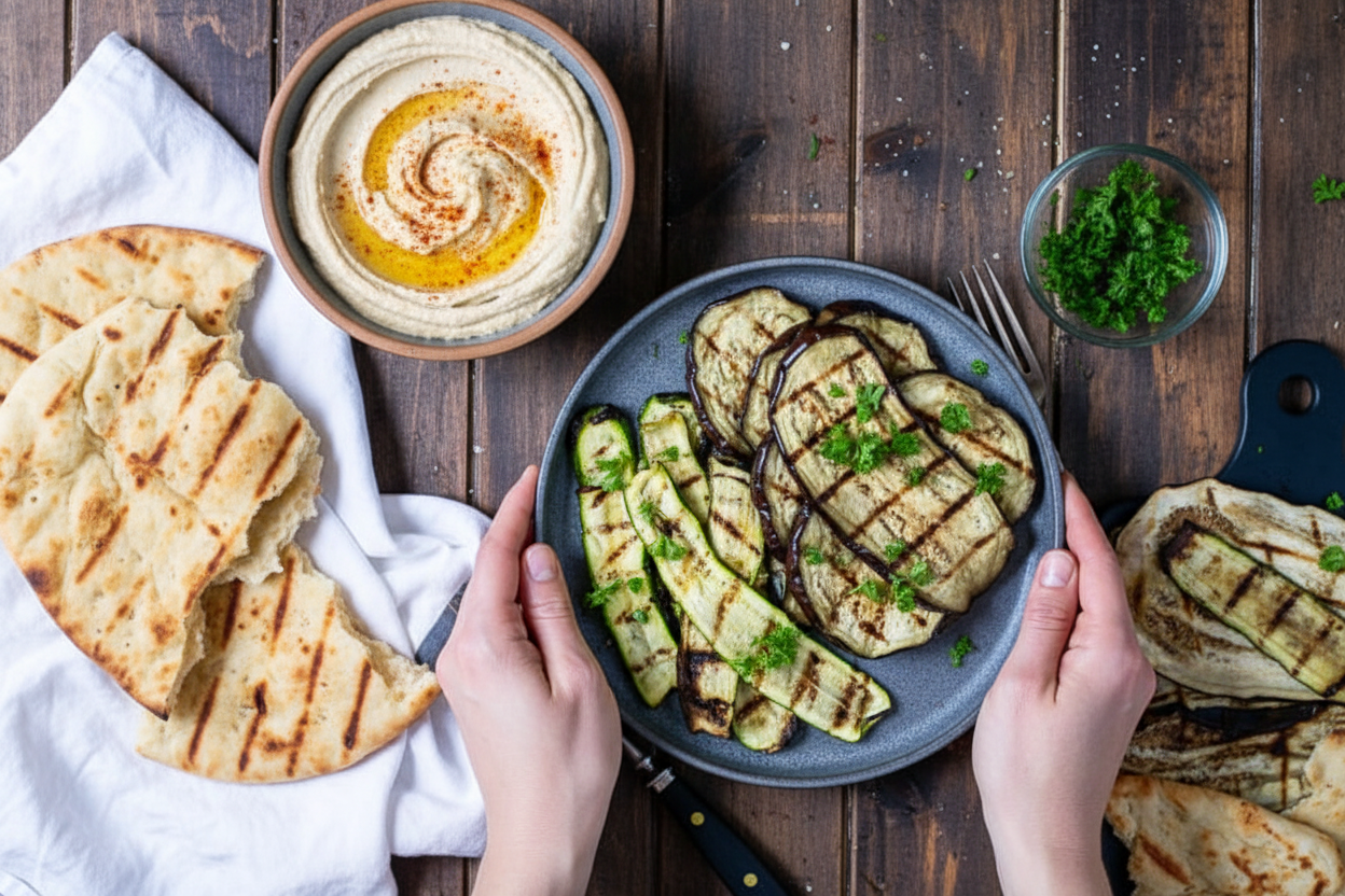 Grilled Zucchini and Eggplant with Hummus Flatbread - The Schmidty Wife