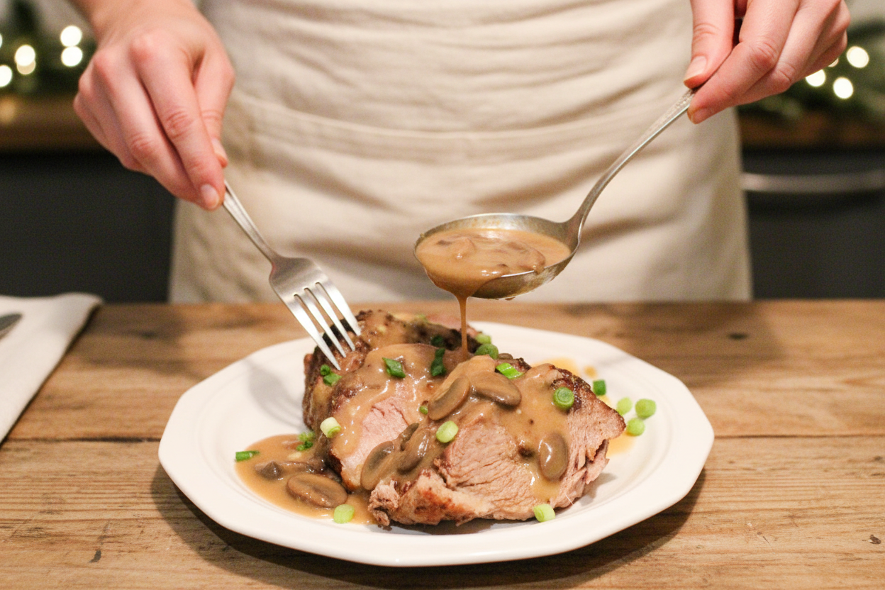 Holiday Pork Roast with Red Wine Mushroom Gravy