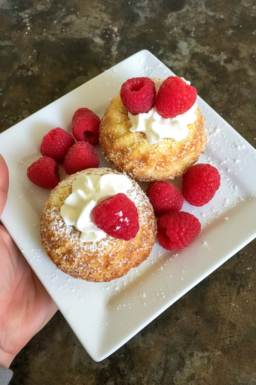 Old Fashioned Hot Milk Cake with Raspberries & Whipped Cream