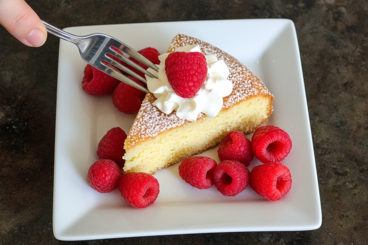 Old Fashioned Hot Milk Cake with Raspberries & Whipped Cream