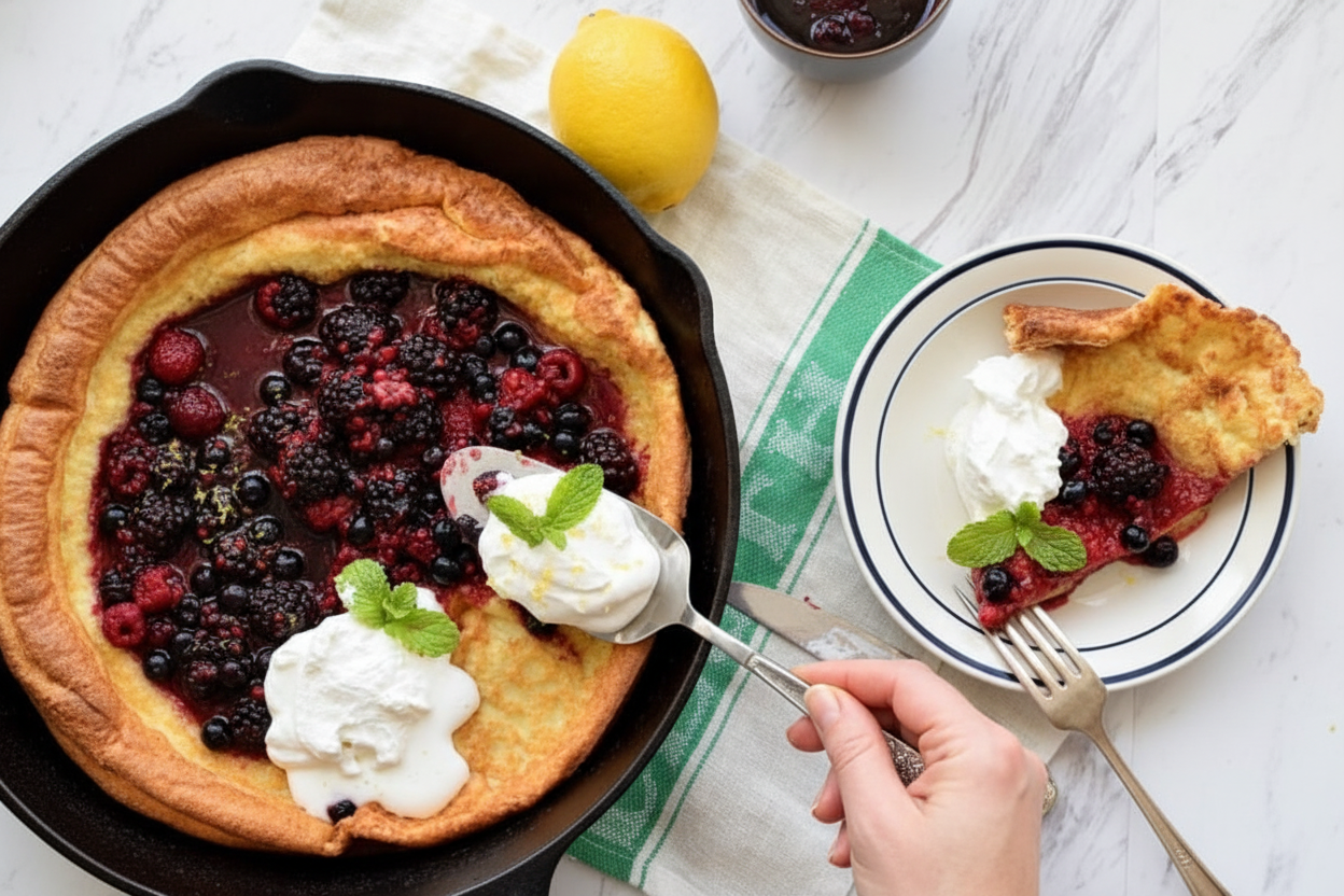 Lemon Dutch Baby with Berry Compote and Whipped Cream - The Schmidty Wife