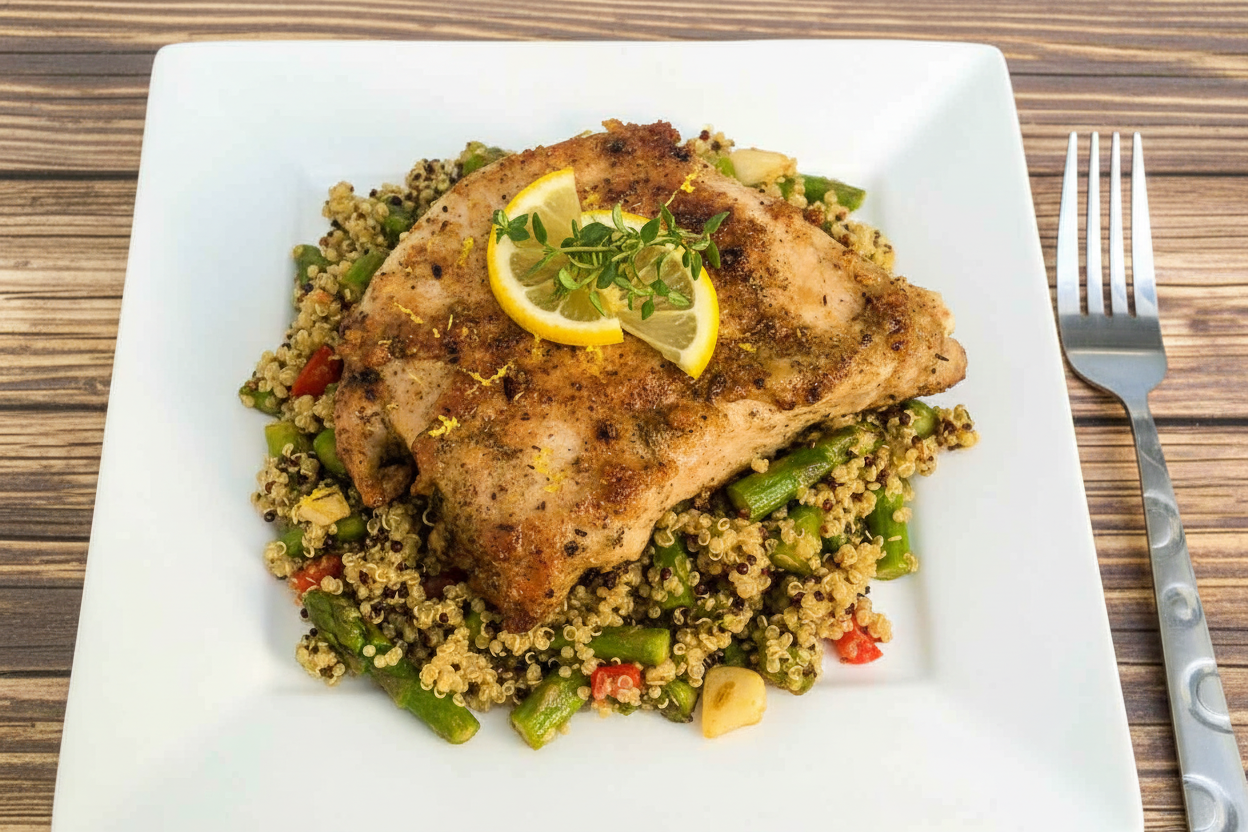 Lemon Thyme Pork Chops with Quinoa Asparagus and Red Peppers