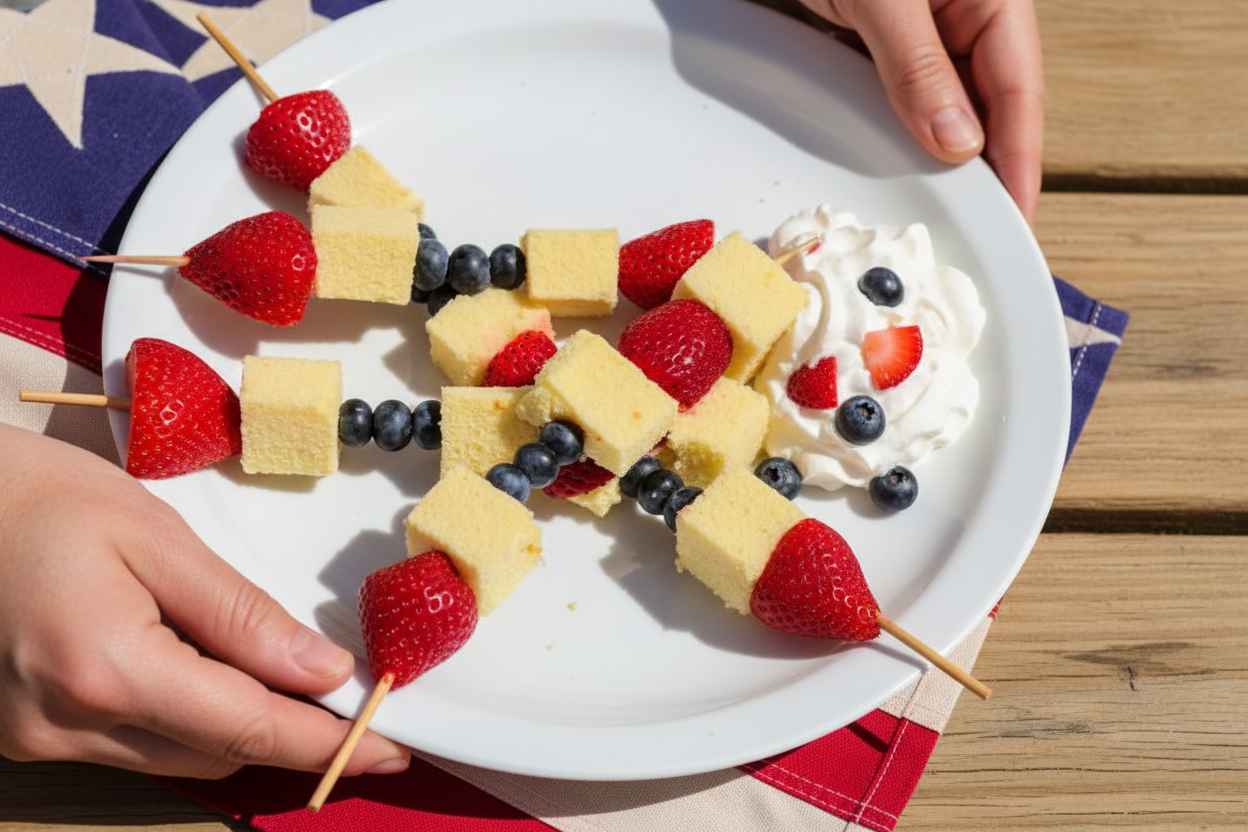 Patriotic Fourth of July Cake and Fruit Kebabs