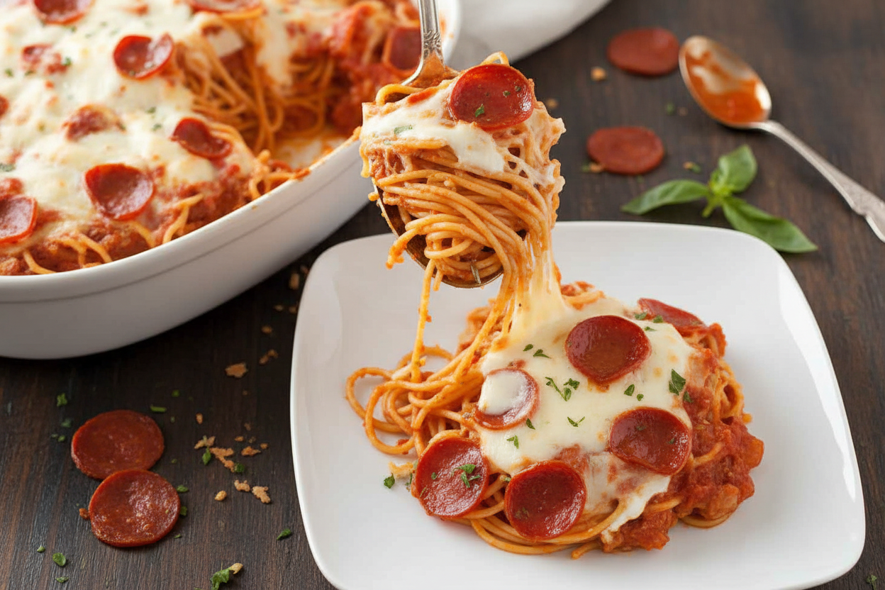 Pepperoni Pizza Spaghetti Casserole