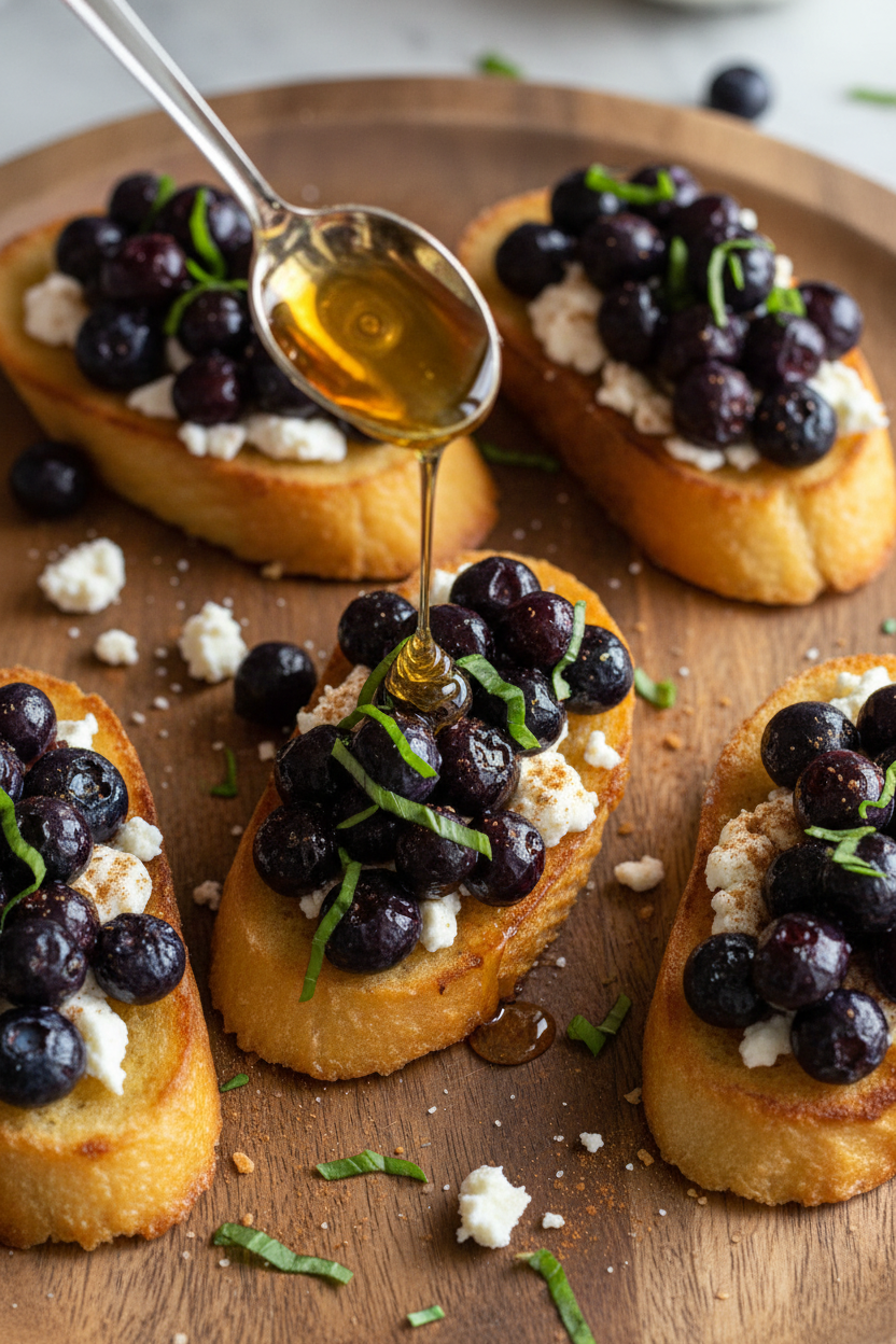 Roasted Blueberry French Toast Crostini
