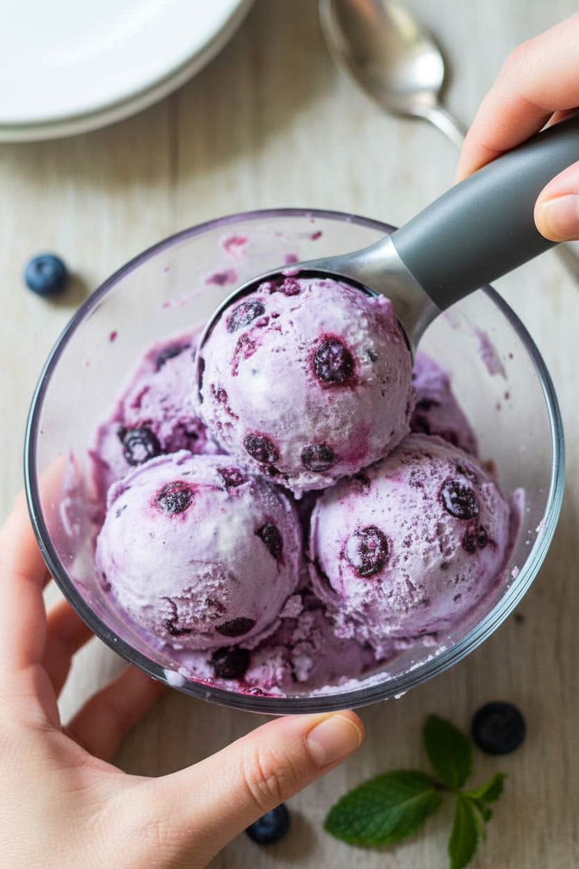 No Churn Roasted Blueberry Ice Cream