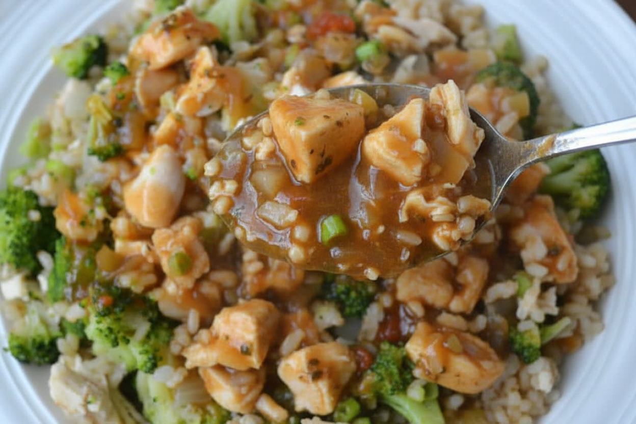 Rotisserie Chicken with Broccoli, Brown Rice and Sweet Onion Gravy