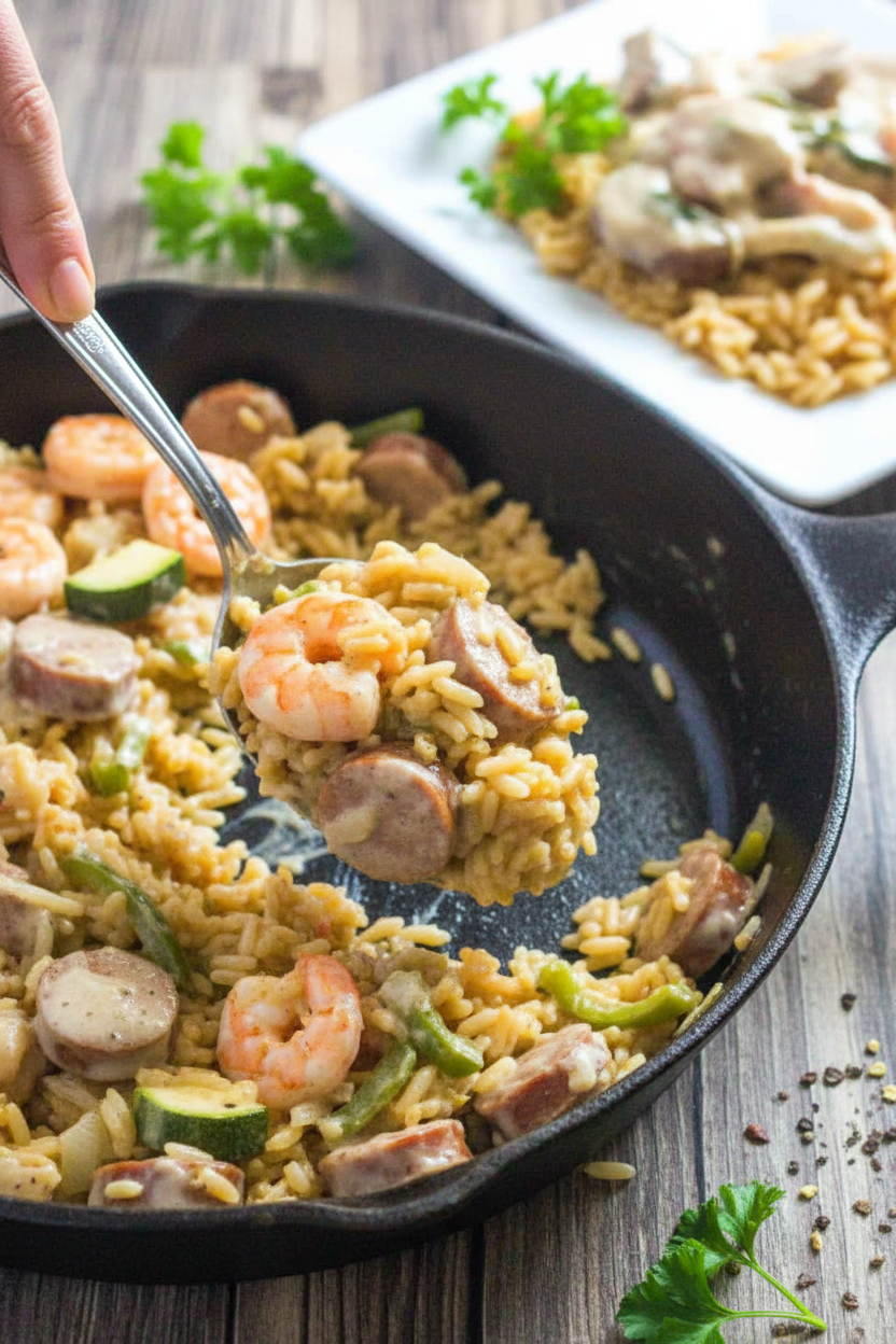 Sausage Shrimp and Veggies with Cheesy Rice