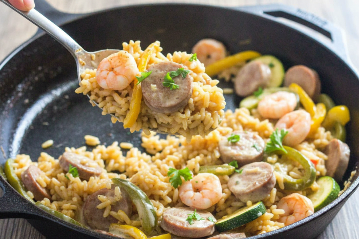 Sausage Shrimp and Veggies with Cheesy Rice