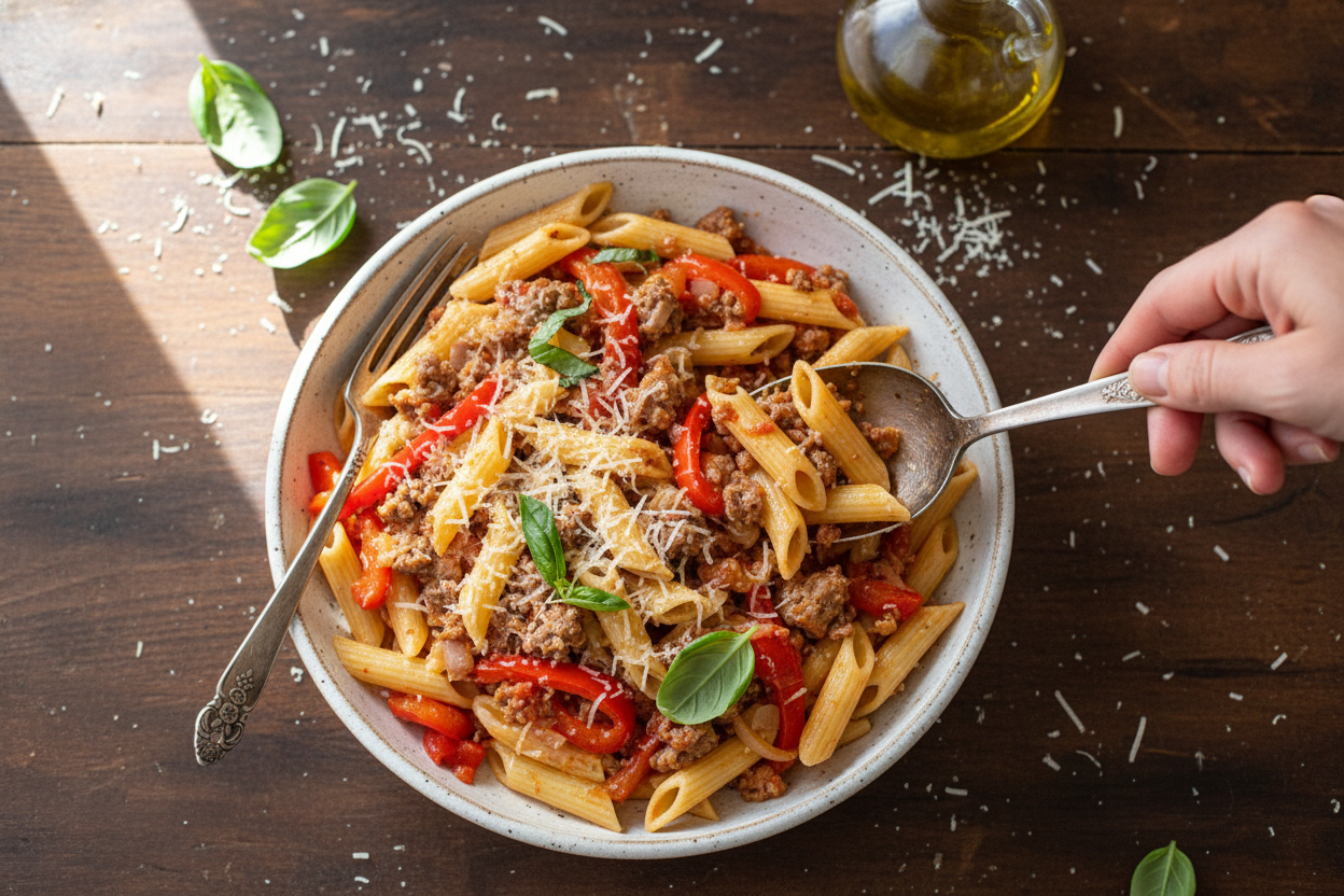 Easy Weeknight Sausage & Pepper Pasta - The Schmidty Wife
