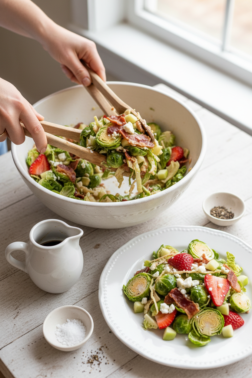 Shaved Brussel Sprout Salad with Strawberries, Apple, & Bacon - The Schmidty Wife