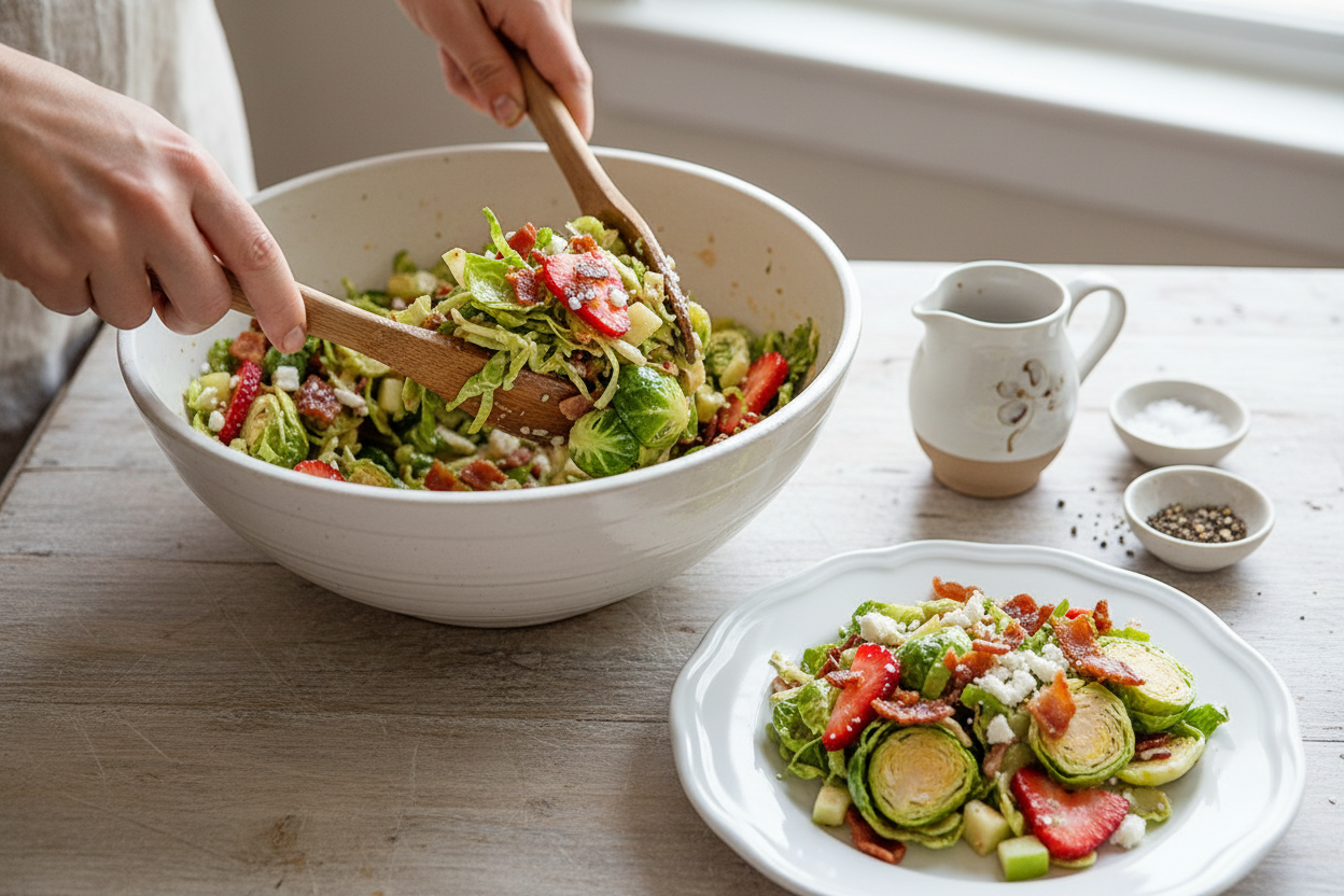 Shaved Brussel Sprout Salad with Strawberries, Apple, & Bacon - The Schmidty Wife