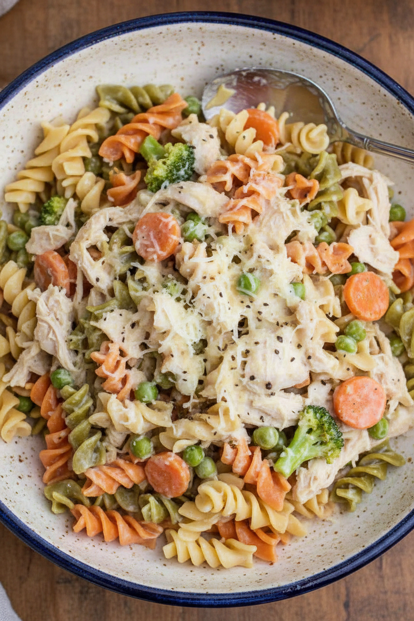 Slow Cooker Garlic Chicken and Veggie Alfredo Pasta